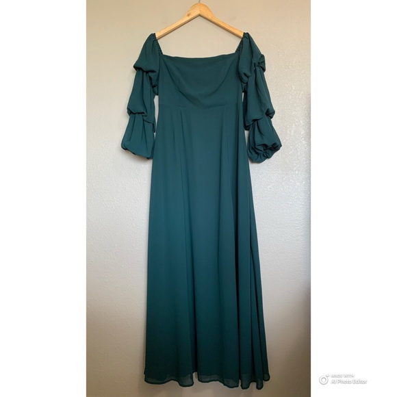 Lulus Medium Demure Aura Emerald Tiered Balloon Sleeve Maxi Dress NWT - Picture 3 of 16